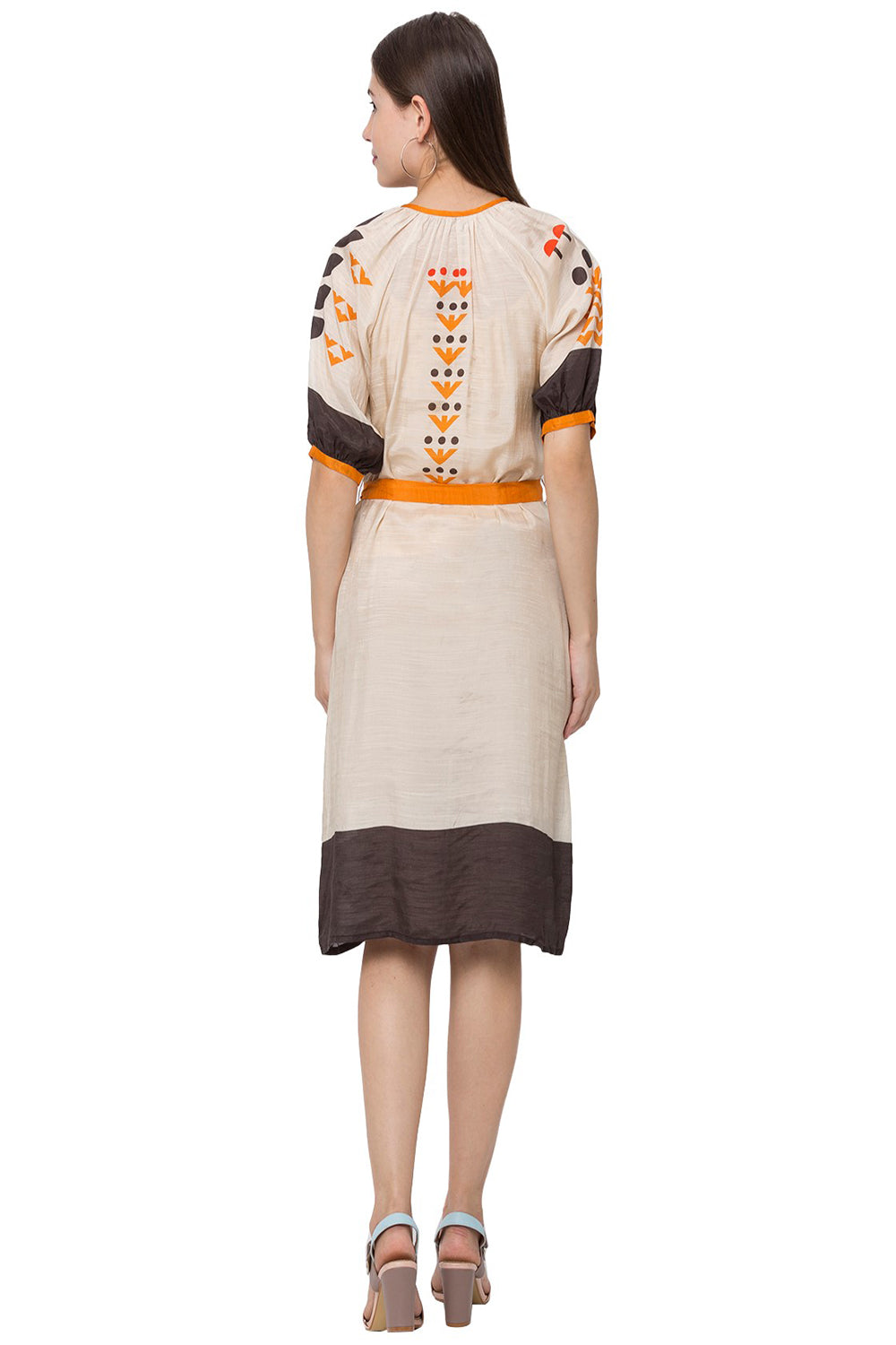Bird Printed Dress With Front Buttons And Belt
