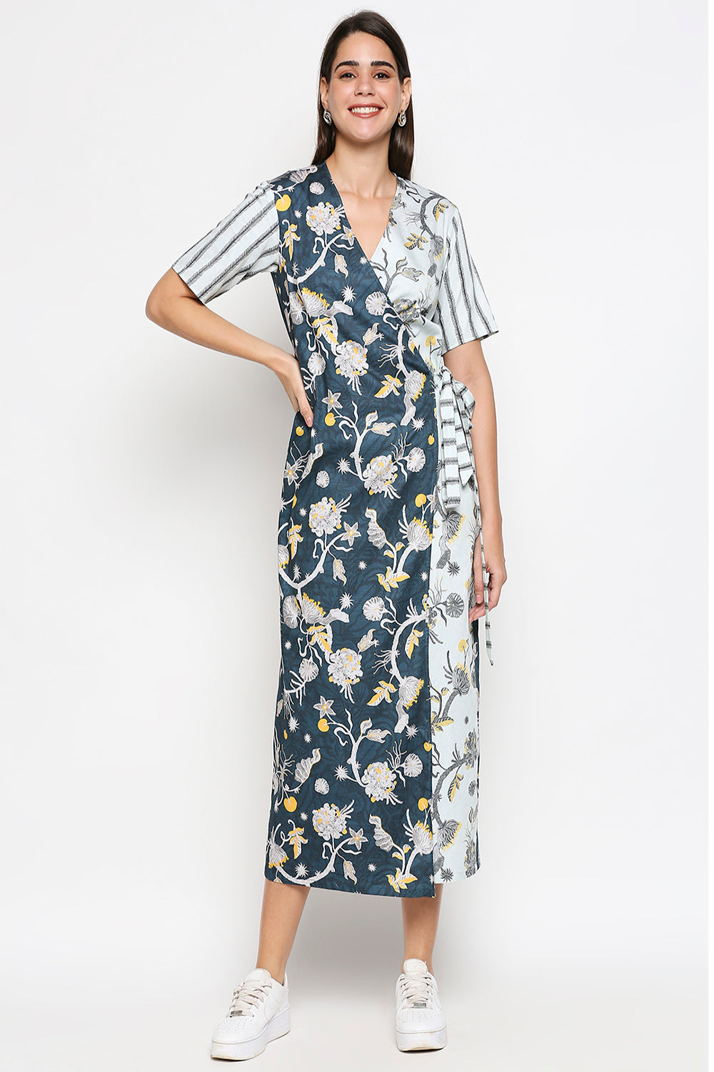 Floral Printed Cotton Twill Overlap Dress With Side Tie Up