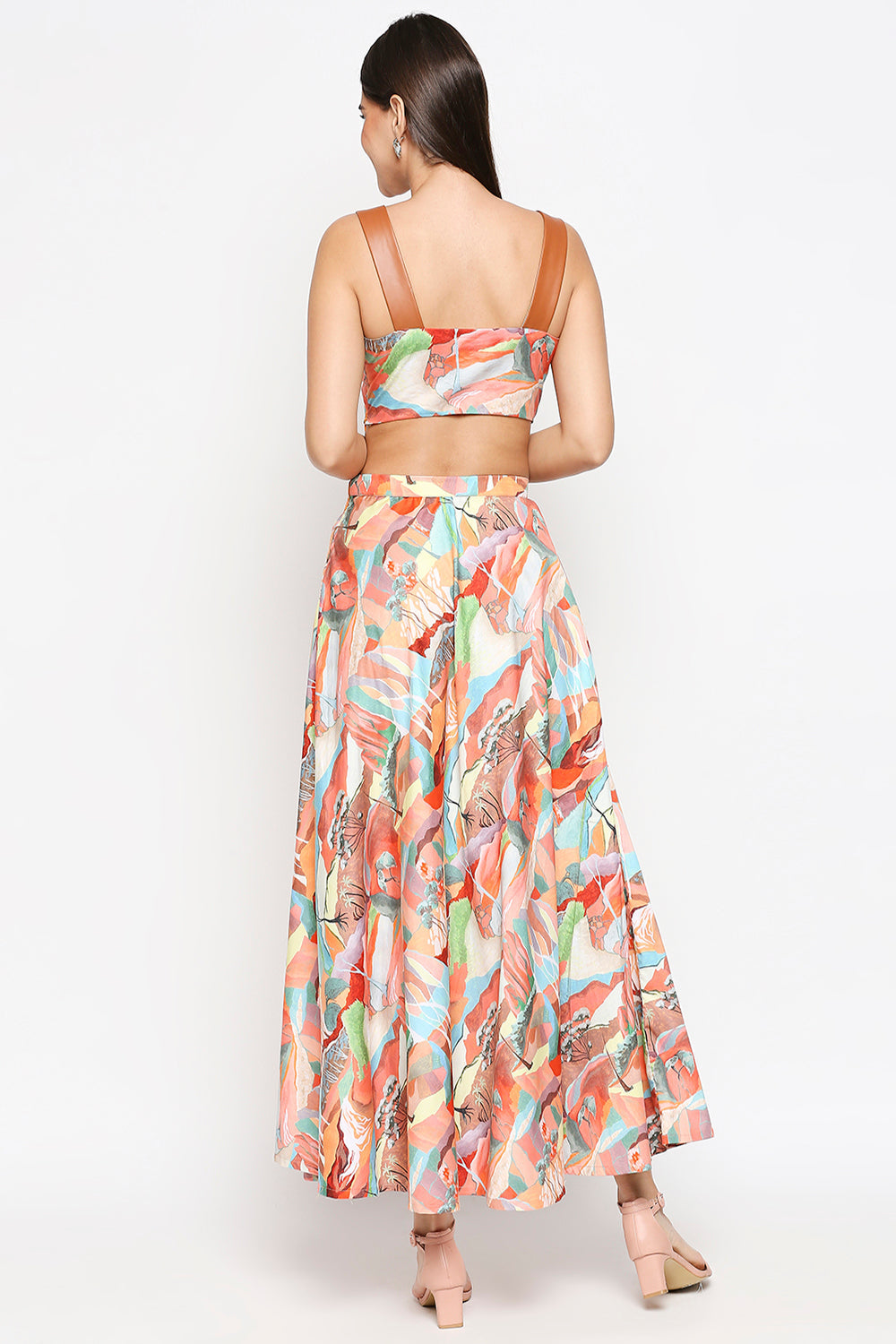 Jungle Printed Cotton Twill Bustier Top With Leather Straps Paired With Printed Circular Skirt