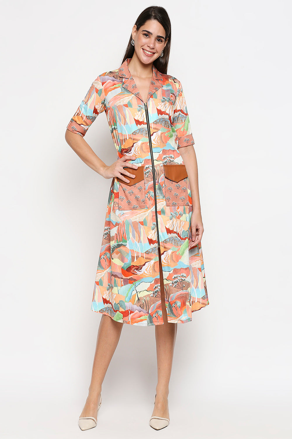 Jungle Printed A Line Cotton Twill Dress With Front Pockets And Zipper Opening