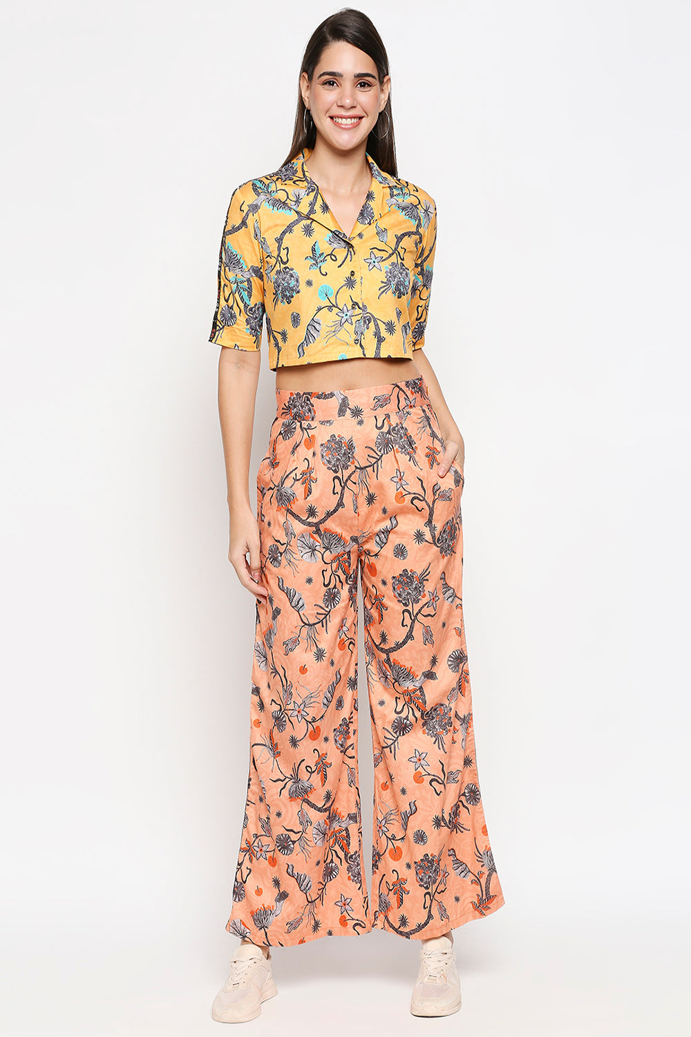 Floral Printed Cotton Twill Crop Top Paired With Printed Pants