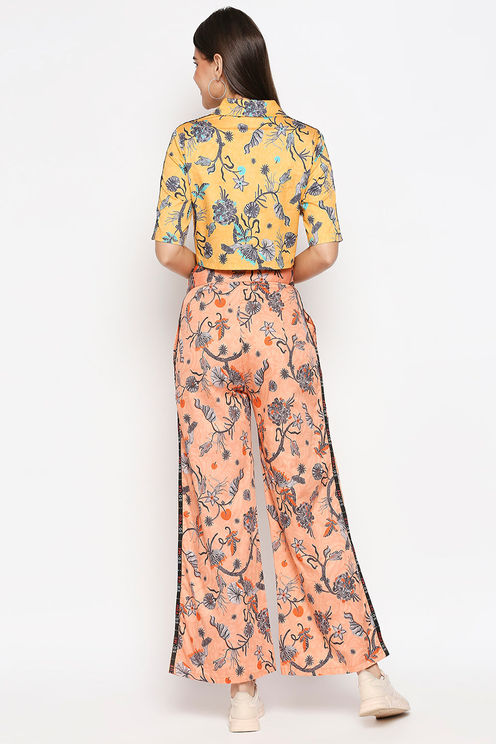 Floral Printed Cotton Twill Crop Top Paired With Printed Pants