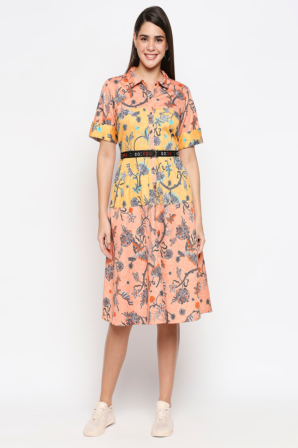 Floral Printed Cotton Twill Dress Paired With Detachable Belt