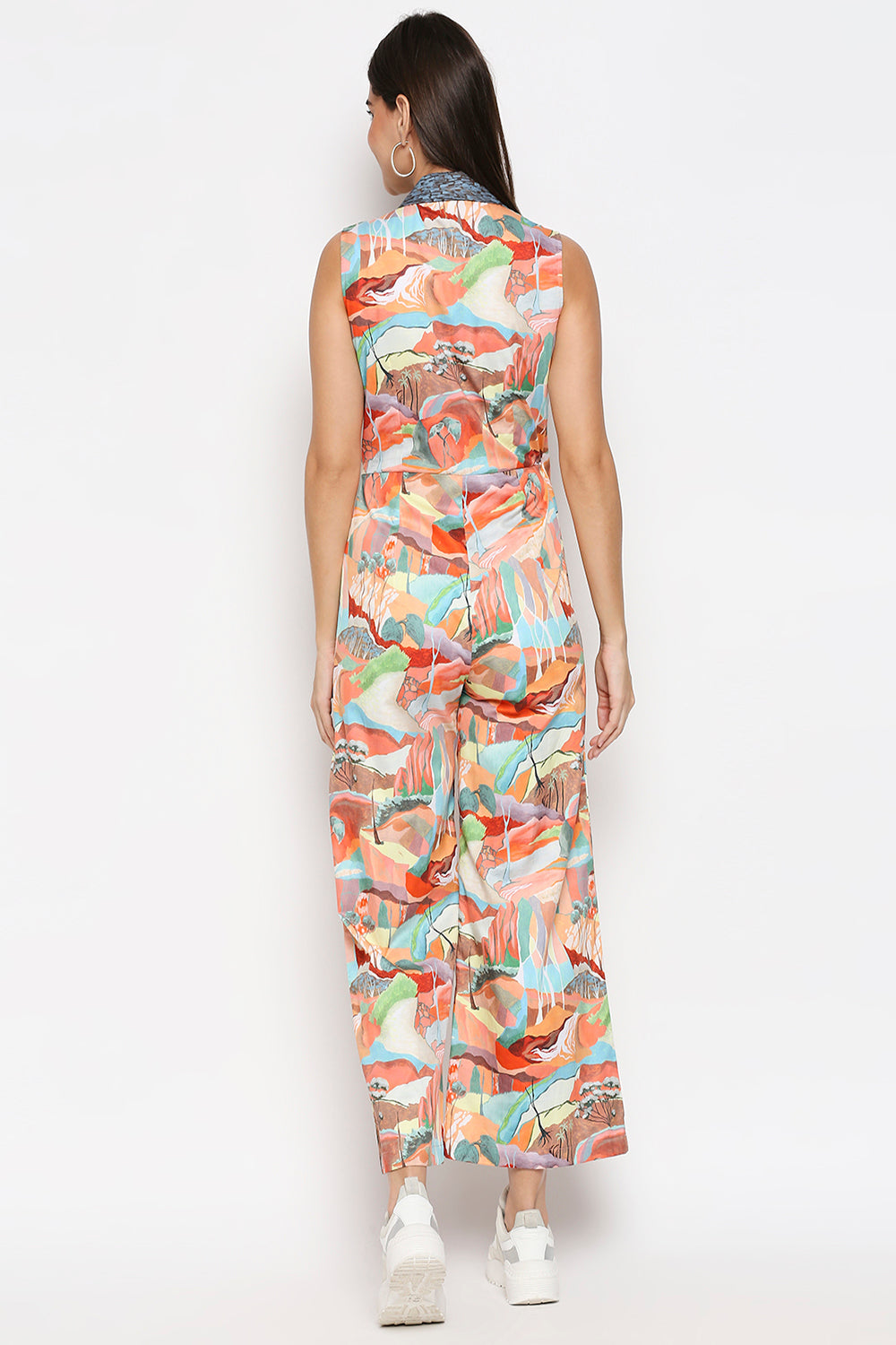Jungle Printed Cotton Twill Jumpsuit With Overlap Flap And Side Tie Up