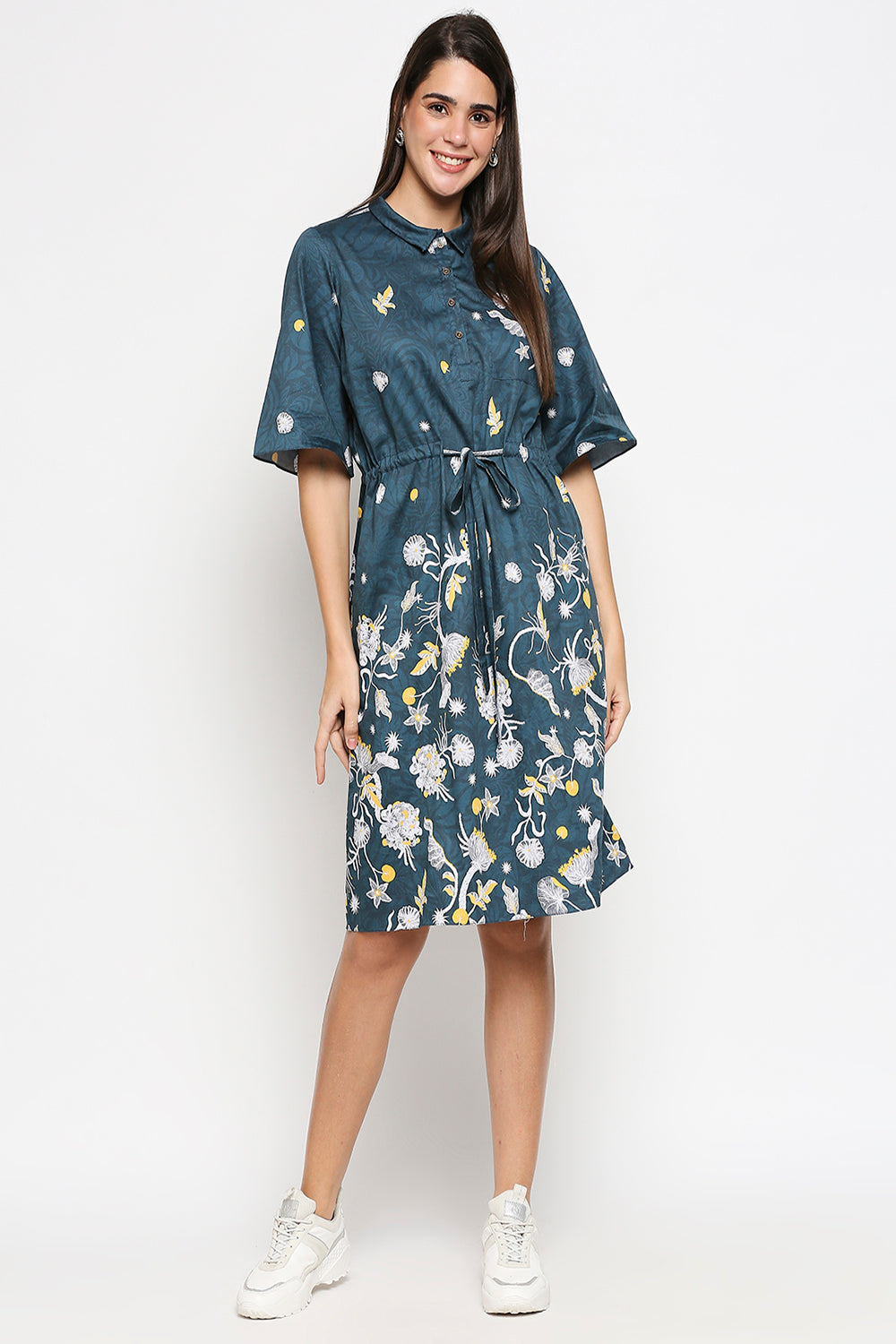Floral Printed Cotton Twill  Dress With Front Tie Up