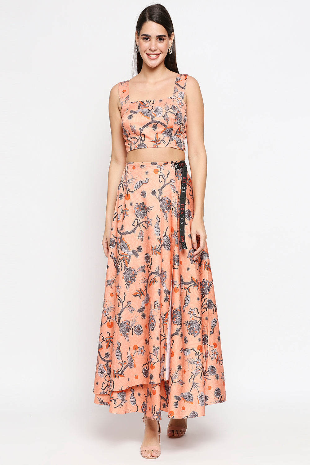 Floral Printed Cotton Twill Bustier Top With Floral Printed Skirt