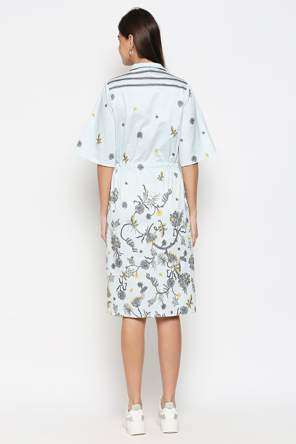 Floral Printed Cotton Twill Dress With Front Tie Up