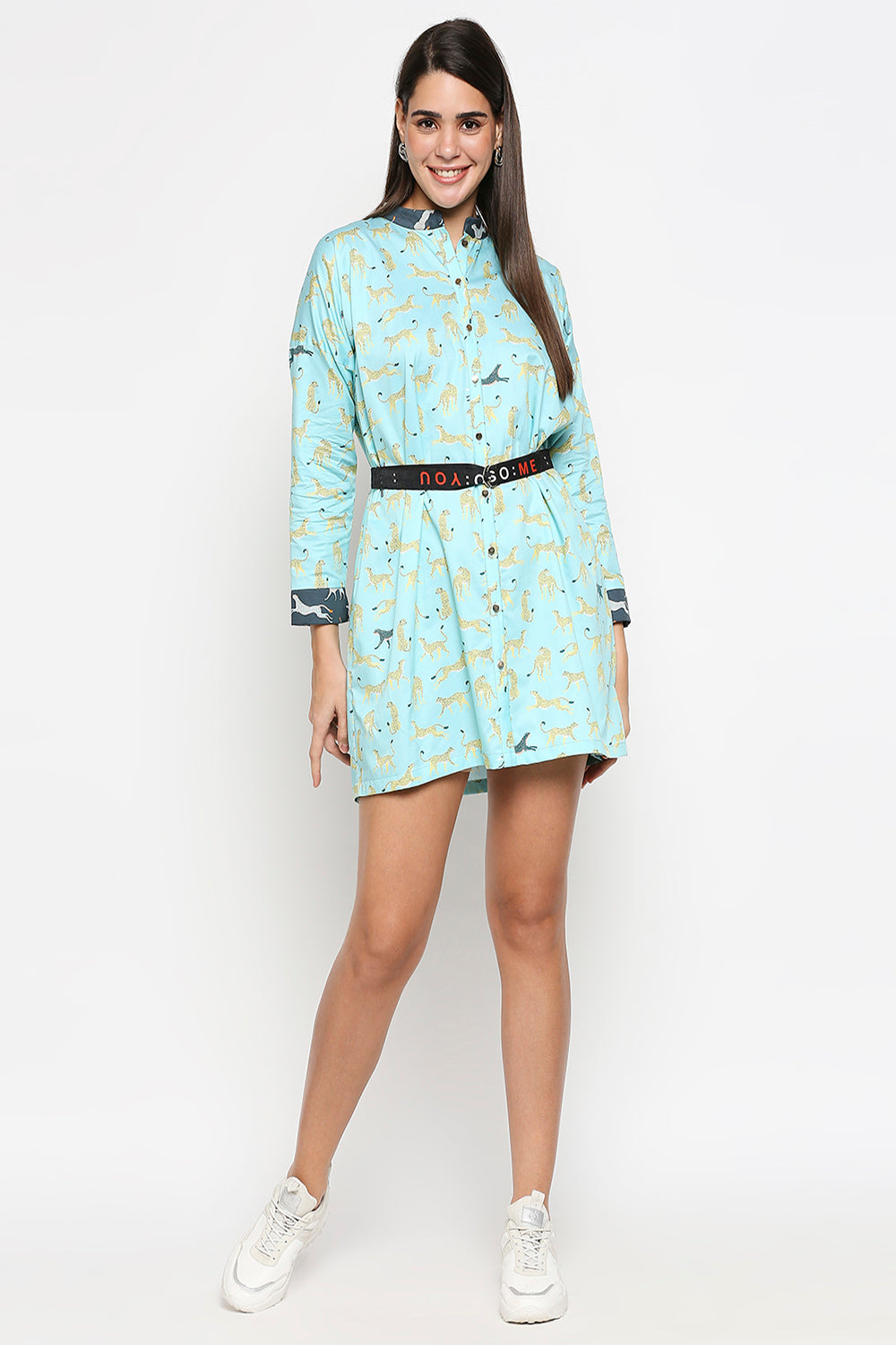 Leopard Printed Cotton Twill Dress With Belt