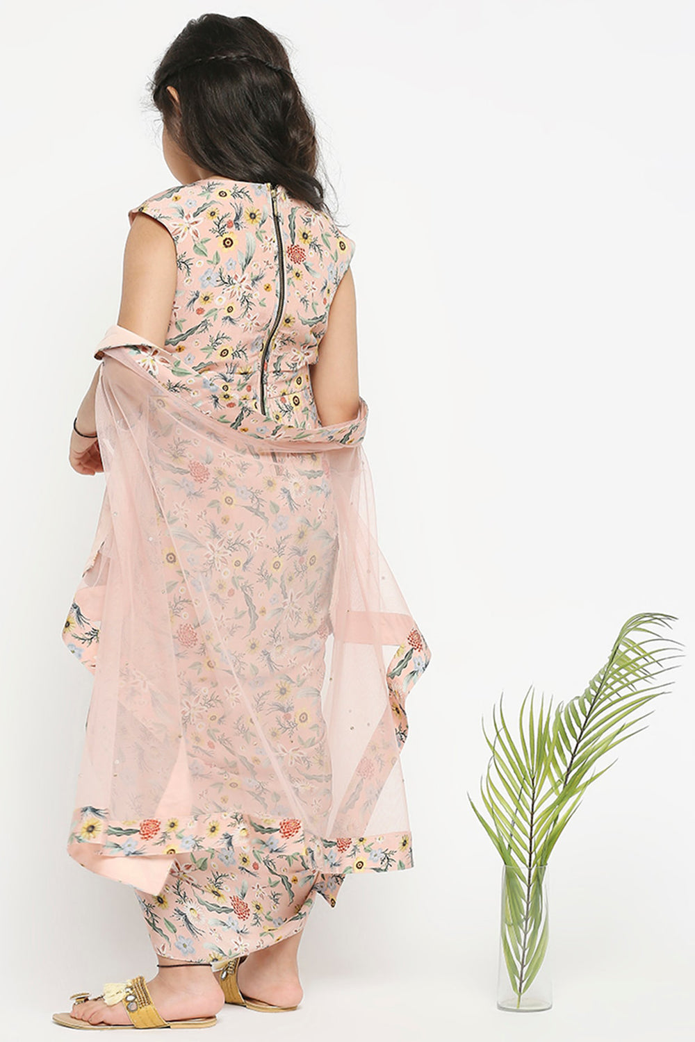 Gulista Pastel Pink Floral Printed Drape Dress With Net Cape