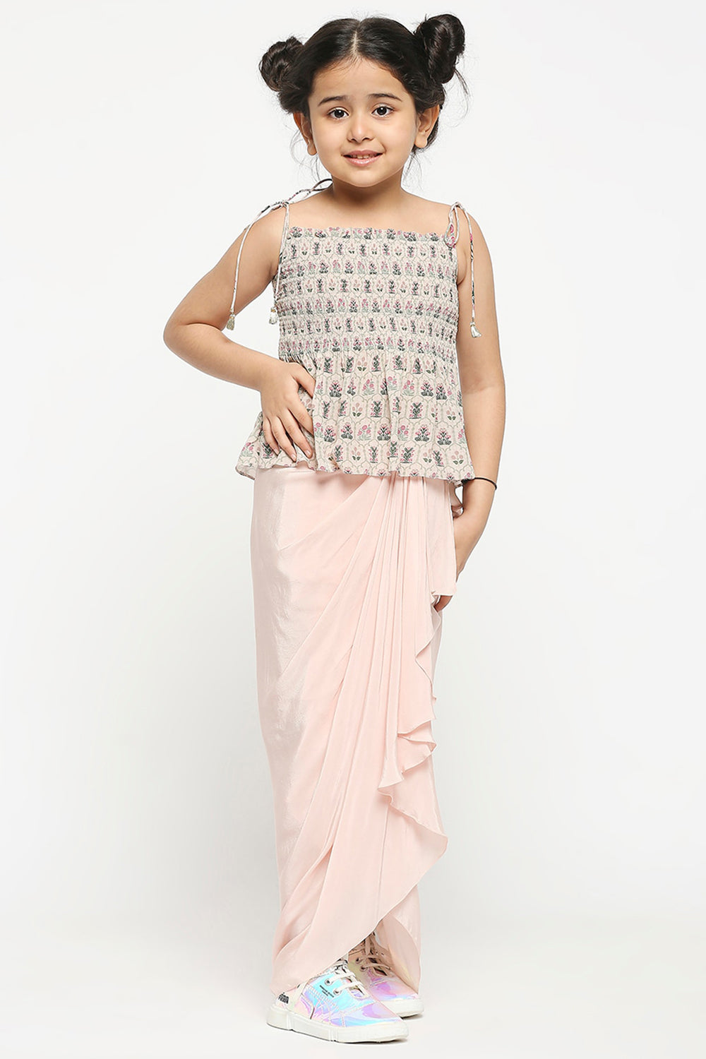 Mughal Floral Printed Crop Top With Shoulder Tie Up Paired With Draped Skirt